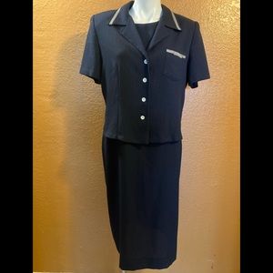 Miss Dorby Vintage 80s navy blue shift dress/jacket suit set shoulder pads